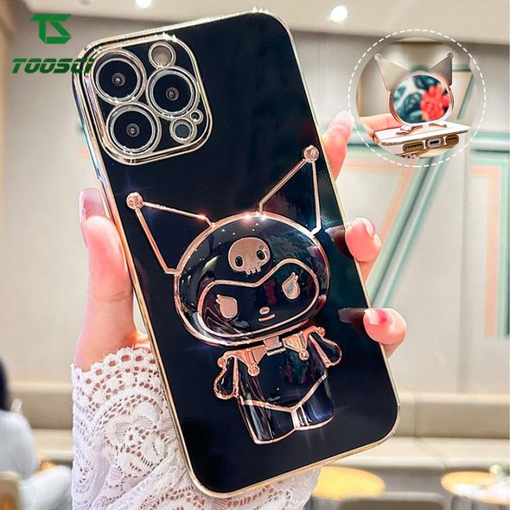 Luxury Cute Kuromi Makeup Mirror Plating Holder Stand Phone Casing HP Soft  TPU Back Cover For Infinix Hot 11 Play Hot 11S NFC Hot 12 Play NFC Hot 12i  Hot 20 Play