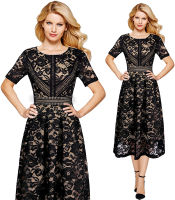 Vfemage Women Vintage Retro Floral Lace Contrast Patchwork Pleated Cocktail Wedding Party Flare Skater Tea A-Line Midi Dress 113