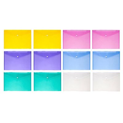 12Pcs Multi File Envelope PVC Snap Button File Bag 6 Colors A4 Plastic with Business Card Holder File Bag