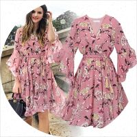 2023 new European and American cross-border womens clothing summer spinning floral trade q dress V-neck ruffled mid-length skirt