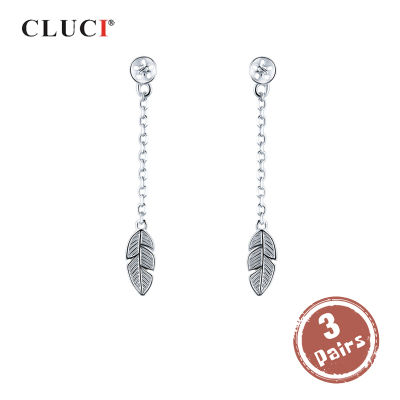 CLUCI 3 pair wholesale Silver Leaf Stud Earrings for Women Engagement 925 Sterling Silver Pearl Earring Mounting Jewelry SE103SB