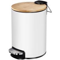 Stainless Steel Trash Can with Bamboo Lid 3L Step-on Garbage Container Trash Bin for Kitchen Bathroom Bedroom White