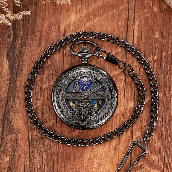 นาฬิกาพกกลไกลมแบบวินเทจสีฟ้ากลวงดวงจันทร์ดาวโครงกระดูกแนวสตรีมพังก์นาฬิกาเลขโรมันพร้อมโซ่-fob