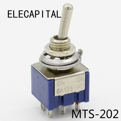 MTS-202 5ชิ้น/ล็อตสีกรมท่าสวิตช์สลับจิ๋ว DPDT ON-ON 6-ON Mini 6A12 5VAC