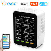 RCYAGO 6 In1 Tuya APP WIFI คุณภาพอากาศตรวจสอบสมาร์ท CO2เมตรตรวจจับ HCHO ทดสอบความชื้นทดสอบก๊าซ TVOC เมตร PM2.5ในร่มคุณภาพอากาศชุดทดสอบสำหรับบ้าน,รถ,สำนักงาน,ห้อง,โรคภูมิแพ้