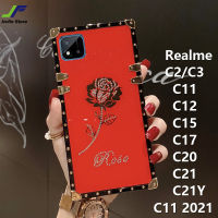 JieFie เคสโทรศัพท์เพชรกุหลาบสำหรับ Realme C11 / C12 / C15 / C17 / C20 / C21 / C21Y/C11/2021/C2/C3เคสโทรศัพท์กันกระแทก TPU สี่เหลี่ยมลายดอกไม้โครเมี่ยมหรูหราล่าสุด