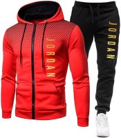 2022 New Mens Clothing, Men sets Printing Hoodie Set Fleece Zipper Sweatshirt Casual Sport Sweatpants Men Tracksuits… (Large, Red black&amp;gold label)