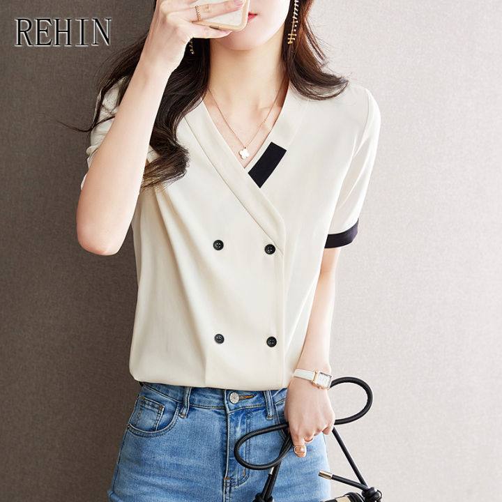 เสื้อสตรี-rehin-คอวีแขนสั้นฝรั่งเศสใส่ทำงานเฉพาะเสื้อชีฟองเก๋