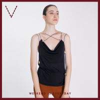 VICKS Spaghetti Strap Jersey Blouse with Bead Detail เสื้อสายเดี่ยว ผ้าเจอร์ซีย์ ตกแต่งลูกปัดสี