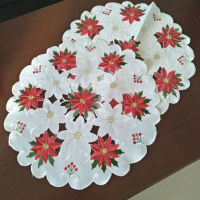 (ร้อน) คริสต์มาสยอดนิยม Poinsettia ดอกไม้เย็บปักถักร้อยตาราง Place Mat Pad ผ้าจาน Placemat ถ้วยชา Coaster Dining Doily Kitchen