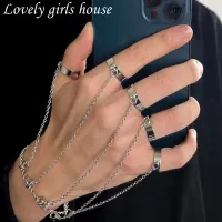 【♡Lovely girls house♡】Punk Geometric Silver Color Chain Wrist Bracelet Ring for Men Women Fashion Jewelry