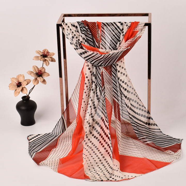 ผ้าพันคอผ้าไหมชีฟองพิมพ์ลายจุดลายไล่โทนสีสำหรับผู้หญิง-shawl