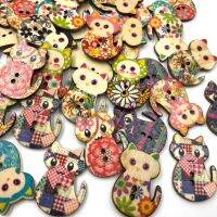 50pcs Multicolored Cat Shaped 2 Holes Wood Printing Sewing Buttons 30mm WB467 Haberdashery