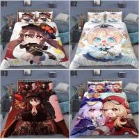 HZ Genshin Impact Fitted Anime 3in1 Bedding Set Bed Sheet Quilt Cover Pillowcase Bedroom Comfortable Home Suit ZH