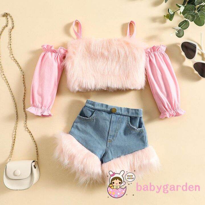 babygarden-เสื้อครอปแขนยาว-เปิดไหล่-และกางเกงยีนขาสั้น-6-เดือน-4-ปี-สําหรับเด็กผู้หญิง