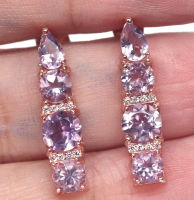 ต่างหูพลอยแท้ อเมทิสต์ (Amethyst) สีชมพู 6mm. และ เพชร-cz เงินแท้ 925 ชุบนาค (rose gold)