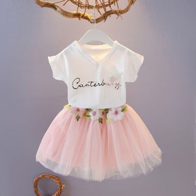 [COD] Childrens Clothing Short-sleeved Cotton Top Petit Skirt 2-Piece Set Korean