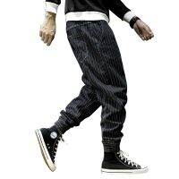 Japanese fashion men’s jeans striped retro design loose jeans black harem size 28-42 winter hip-hop velvet warm jeans