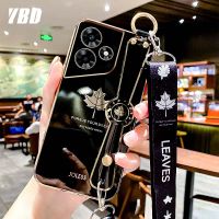 YBD สายรัดข้อมือใบเมเปิลเคสโทรศัพท์มีลายสำหรับ Infinix Hot 30i เคส ร้อน Infinix 30 Play เคสชุบโลหะขอบตรงยอดนิยมพร้อมฟรีสายคล้อง