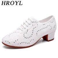 HROYL Ballroom Latin Dance Shoes For Women Breathable Lace Mesh Salsa Dancing Shoes Casual Sneakers Rubber Sole For Outdoors