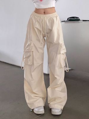 กางเกงร่มชูชีพ Streetwear ขนาดใหญ่กว่าตัวขากว้างสำหรับผู้หญิง Y2K วินเทจกางเกงผู้หญิงคาร์โก้เบจ MODE Korea