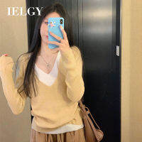 IELGY เสื้อเสื้อคาร์ดิแกนแบบถักแขนยาวสำหรับผู้หญิง,เสื้อซับในแขนยาวทรงหลวมดีไซน์สั้นใหม่ฤดูใบไม้ร่วง