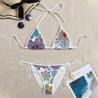 【LZ】♗☒☫  Conjunto de biquíni estampa floral vintage feminino roupa de banho sexy monokini push up maiô alças triangulares de verão micro maiô