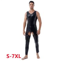 Black Mirror Imitation Latex Mens Bright Patent Leather Sleeveless Zipper Long Jumpsuit Plus Size Sexy Open File Jumpsuit Leather Pants