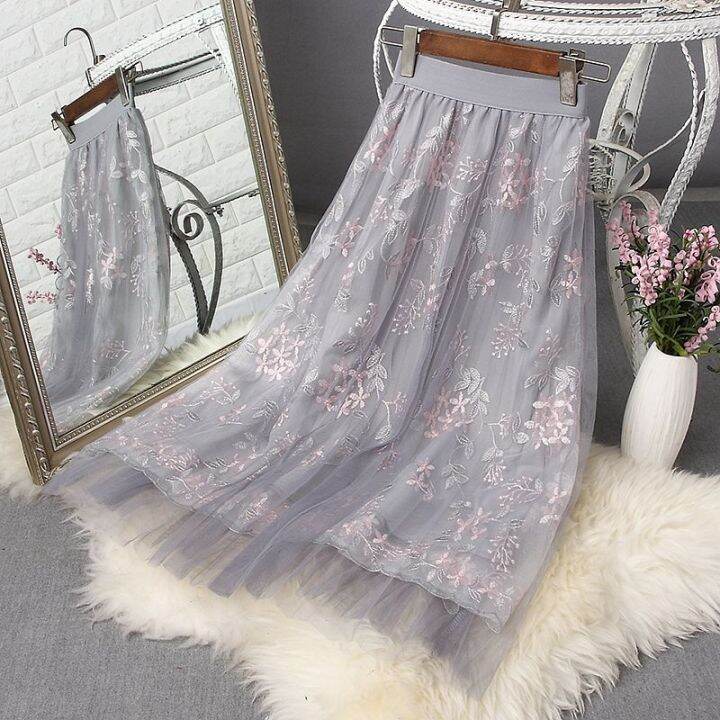 Flower Embroidered Lace Pleated Yarn Skirt for Women 2023 New Mesh Mid