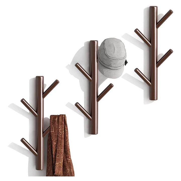 4-hooks-hanging-pegs-modern-wall-mounted-coat-and-hat-rack-entrance-coat-hook-no-punching-household-branch-coat-rack-wood-hook-wall-decor-hanger-for-bedroom-3-pack-brown