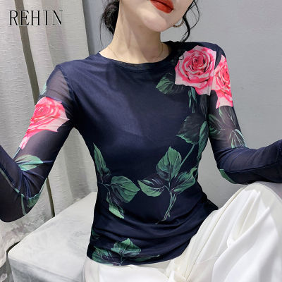 REHIN ผู้หญิงฤดูใบไม้ร่วงแฟชั่นตาข่ายดอกไม้พิมพ์แขนยาวเสื้อยืดรอบคอ Slim และบาง Elegant เสื้อ