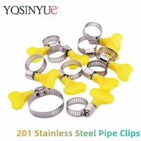 1 5 10PCS Adjustable 8-44mm 201 Stainless Steel Pipe Clips For Tube Yellow Plastic Handle Hand Twist Hose Clamps Worm Driving