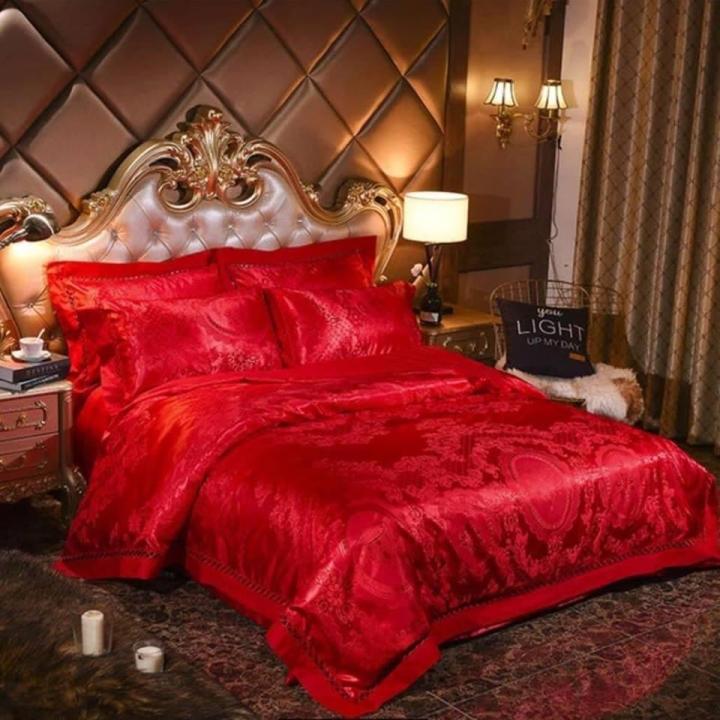 ชุดเครื่องนอน-ชุดผ้าปูที่นอนผ้าแพร-ขนาด-6-5-3-5-ฟุต-5-ชิ้น-พร้อมผ้านวมหนา-6-ฟุต-สีแดง-ลวดลายกนก-ลายไทย-สวยงาม-สีสด