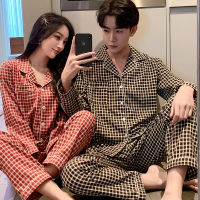 Japanese couple pajamas suit cotton crepe ladies grid print simple long-sleeved shirt long pant pajamas mens home service