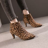 2023 Autumn High Heels Ankle Boots Plus Size Leopard Women Boots Retro Pointed Ladies Shoes Side Zipper Booties Botas De Mujer