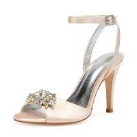 High Heels Wedding Bridal Sandals Open Toe Satin Rhinestones Ankle Buckle Strap Heeled Prom Dress Women Summer Shoes