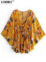 Gaun Mini Bohemian Kerah V Rendah Motif Bunga Kuning Wanita Chic Gauk Vayon Lengan Sayap Kelear Wanita Vestido