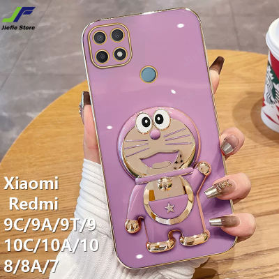 เคสโทรศัพท์โดราเอม่อน JieFie สำหรับ Xiaomi Redmi 10C / 10 / 10A / 9C / 9 / 9A / 9T / 8 / 8A/7ตัวยึดตุ๊กตาน่ารักการ์ตูนฝาครอบโทรศัพท์เนื้อนิ่ม TPU ชุบโครเมียม + ขาตั้ง