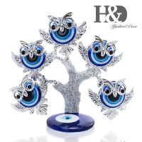 H D Fengshui Owl Lucky Turkish Blue Evil Eye Tree Figurine Protection for Money Fortune Tree Home Decor Good Luck Gift