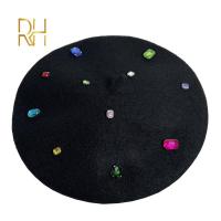 RH สตรีผ้าขนสัตว์แคชเมียร์เบเร่ต์ถักคริสตัล Rhinestone ฝรั่งเศสศิลปินที่อบอุ่นนุ่มลูกปัดแฟชั่นหมวกหมวก Bonnet ของขวัญ