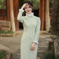 【Available】2022ฤดูหนาวใหม่คอมโพสิดลูกไม้ Cheongsam สดศิลปะหนาสาวปรับปรุงหนุ่มสไตล์จีนชุด Qipao สำหรับผู้หญิง Party