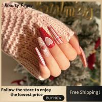 BEAUTY FINGER 24ชิ้นอุปกรณ์ทำเล็บมือแบบฝรั่งเศสคลุมทั้งหมดเล็บปลอมคริสต์มาสโลงศพยาวอัลมอนด์