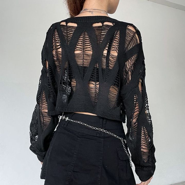 เสื้อถักแบบสวมหัวกลวงออก-streetwear-ในฤดูใบไม้ร่วงสีดำของผู้หญิงแบบลำลองหลวมแฟชั่นสไตล์เกาหลีสีพื้นเซ็กซี่