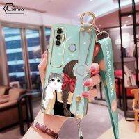 เคสสายรัดข้อมือแบบยาวสำหรับ Infinix Tecno Spark 7 Pro Tecno KF6 KF6j KF6i KF6k KF6m ติดโบว์ KF6h รูปหญิงสาวและลายแมวน่ารักเคสป้องกันยาง TPU นิ่มเคลือบโครเมี่ยมสุดหรูป้องกันการตก