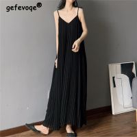 【CC】 2023 Pleated Spaghetti Sleeveless Dresses V Neck Loose Beach Vestidos