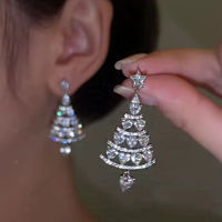 【NEW YEAR】1คู่2023 New Alloy Christmas Tree Earrings For Women Shiny Rhinestone Stud Earring Fashion Jewelry New Year Gifts