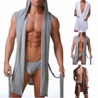 【LZ】✲✺✉  Homens verão vestido de banho robe pijamas sexy sleepwear hombre sem mangas com capuz casual kimono roupão de banho robe cor sólida