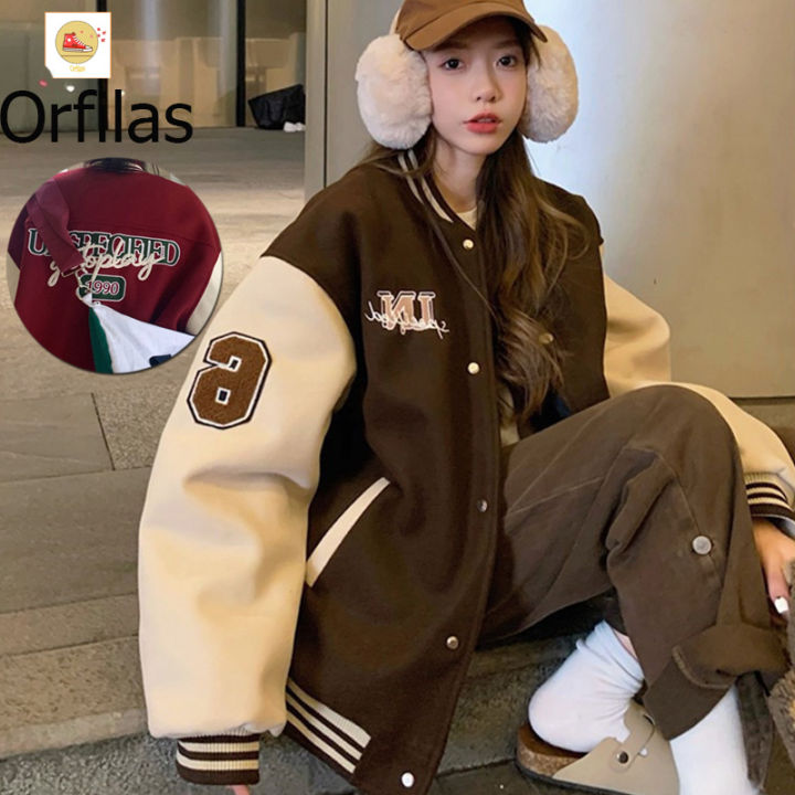 orfilas-oversize-เสื้อแจ็คเก็ตสตรี-ชุดเบสบอลแฟชั่นเกาหลี-เสื้อแจ็คเก็ตคู่รักย้อนยุคแบบหลวมๆ-s-xlจัดส่งจากประเทศไทย-เสื้อแจ็คเก็ตผู้หญิง