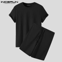 (Western Style) INCERUN 2PCS ผู้ชายแขนสั้น Casual กีฬาชุดออกกำลังกายเสื้อกางเกงขาสั้น Tracksuits ชุดนอน828