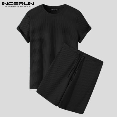 (Western Style) INCERUN 2PCS ผู้ชายแขนสั้น Casual กีฬาชุดออกกำลังกายเสื้อกางเกงขาสั้น Tracksuits ชุดนอน